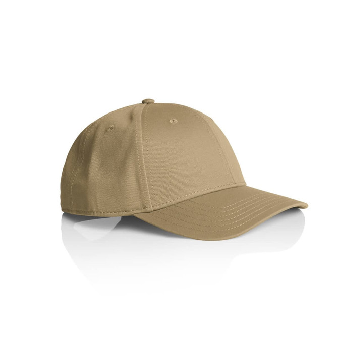 A beige cap with a structured design and stitched detailing, featuring a logo on the front.