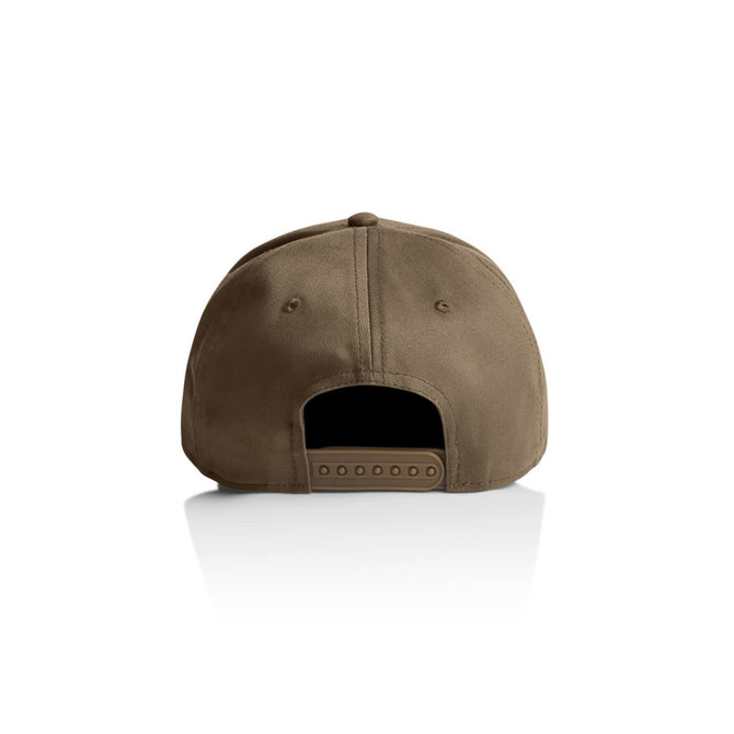 A brown cap featuring a plastic adjustable strap at the back and a logo. Suitable for casual wear.