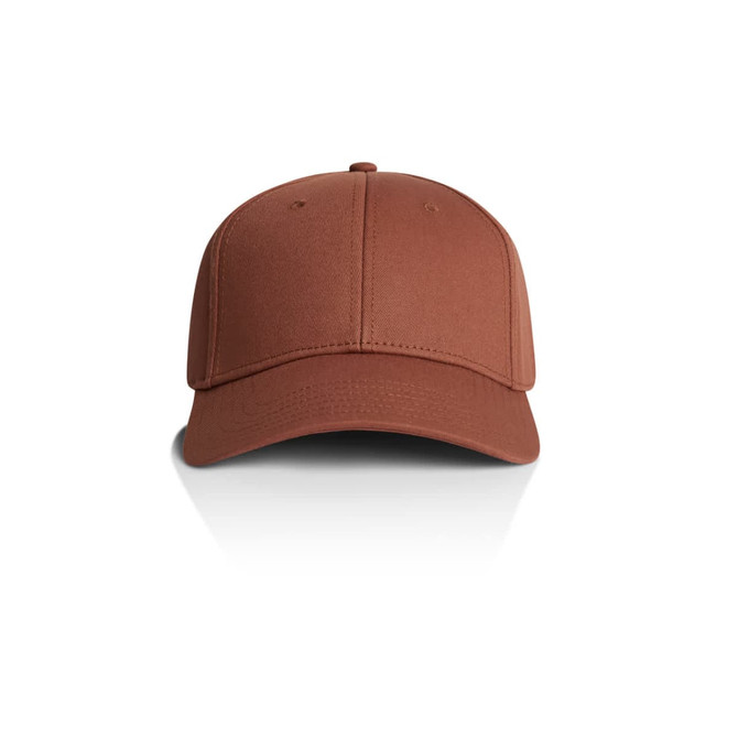 A brown cap with a structured design and a front panel featuring a logo.