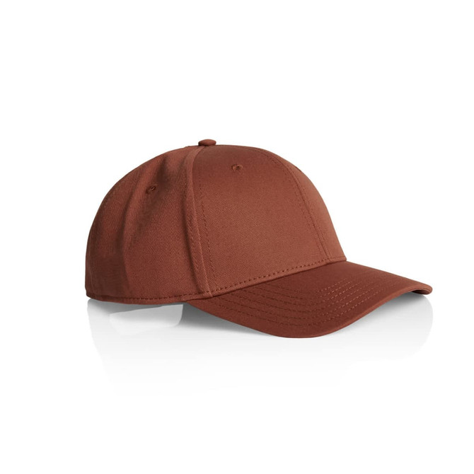 A brown cap with a curved brim, featuring a structured design and a branding logo.