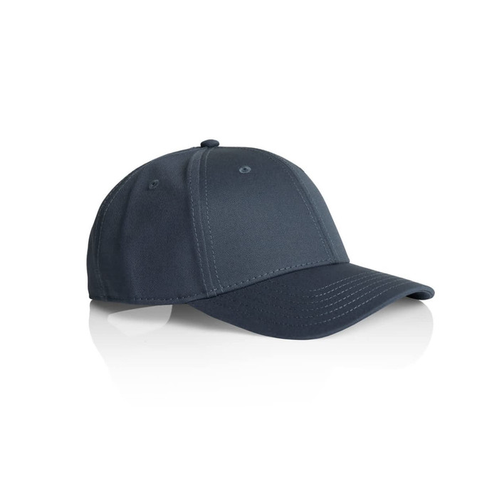 A dark blue cap with a structured front panel and a curved brim, featuring a small logo.