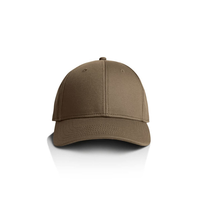 A brown cap with a structured front and a curved brim, featuring a logo on the front.