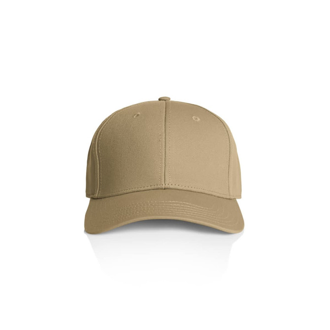 A beige cap with a curved brim and a solid design, featuring a small logo on the front.