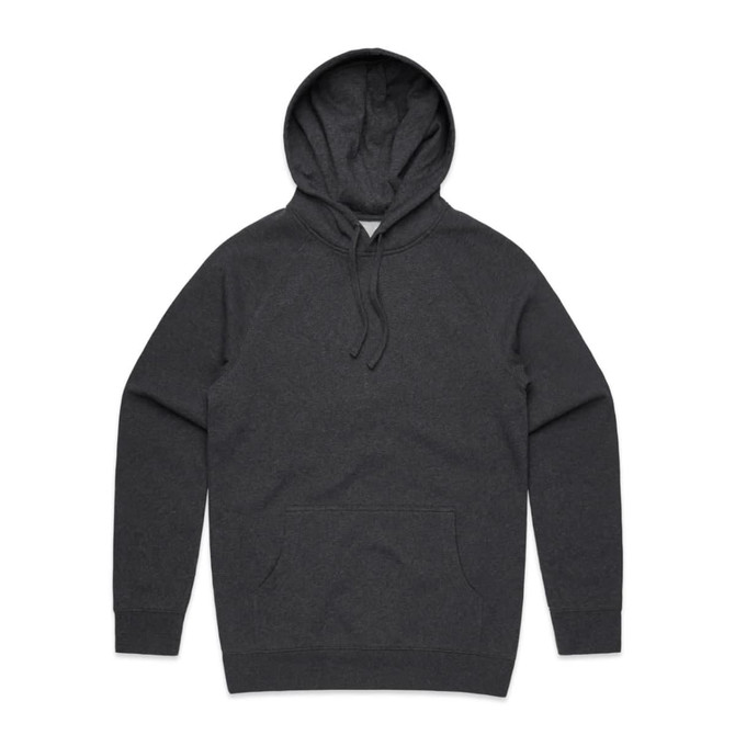 A dark grey hoodie with a front pocket and a hood, featuring a subtle logo.