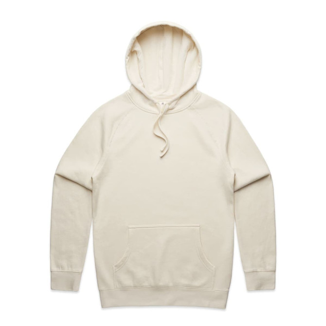 A cream-coloured hoodie with a front pocket and a drawstring hood. It features a logo on the front.