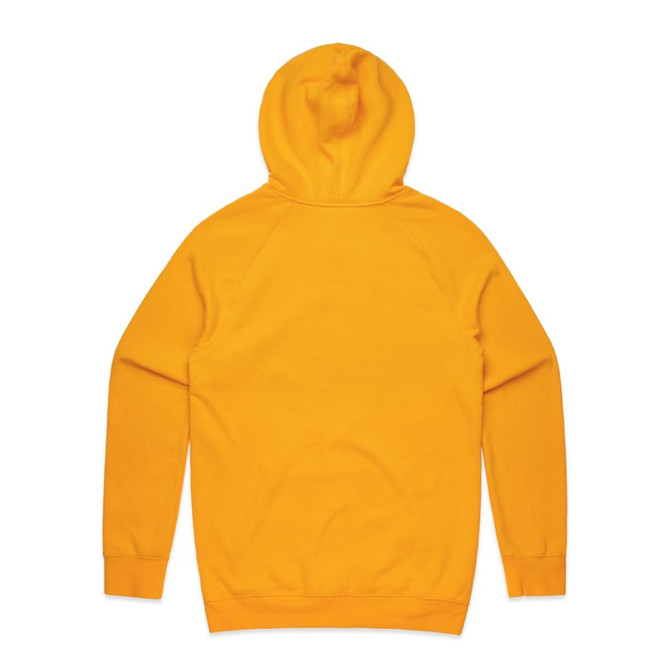 A yellow hoodie with a hood and long sleeves displayed from the back. It features a logo.