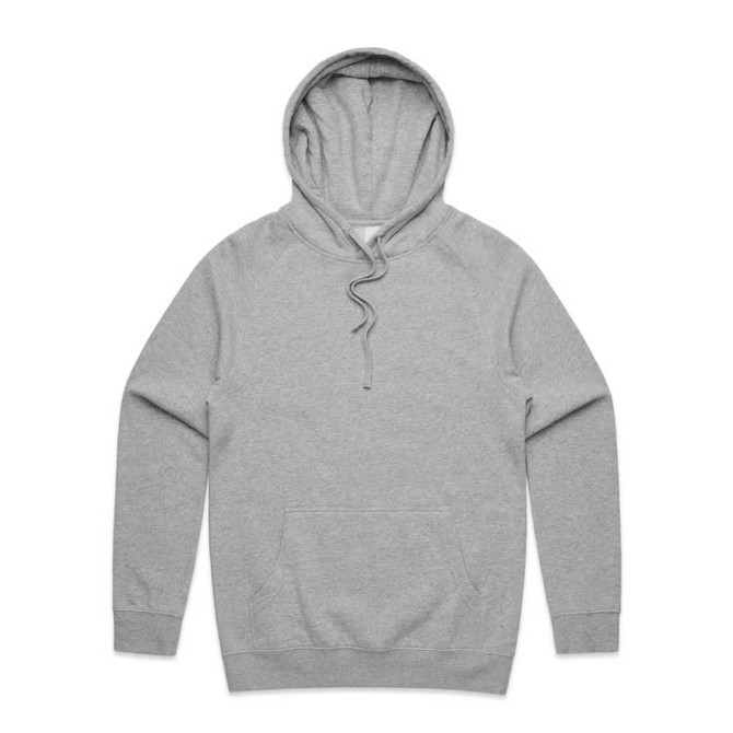 A grey hoodie featuring a front pocket and a drawstring hood, with a logo on the front.