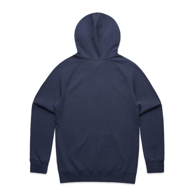 A navy hoodie with a kangaroo pocket and a hood, featuring a logo on the back.