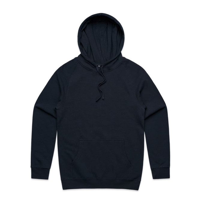 A dark navy hoodie with a front pocket and an adjustable drawstring hood, featuring a logo.