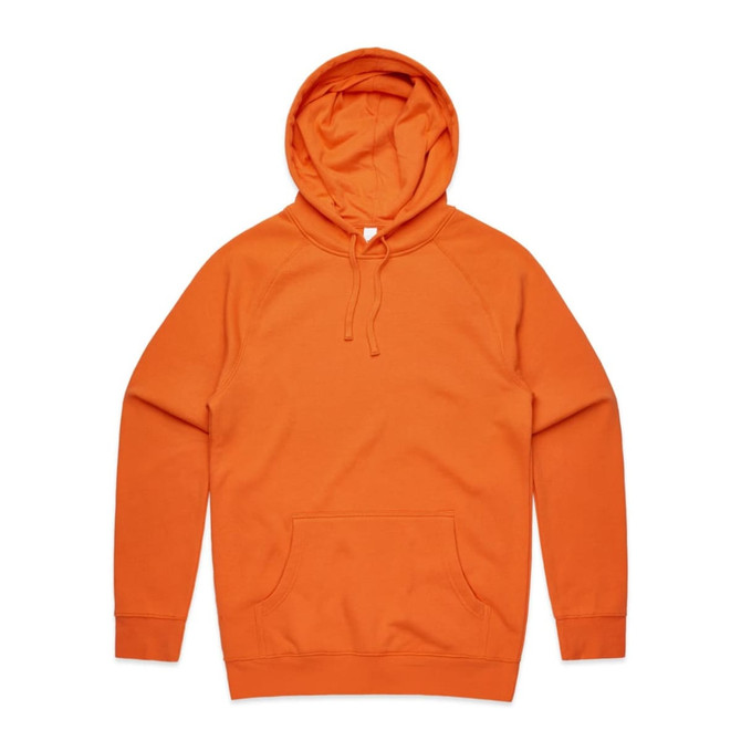 An orange hoodie featuring a drawstring hood and a front pouch pocket. It has a logo on it.