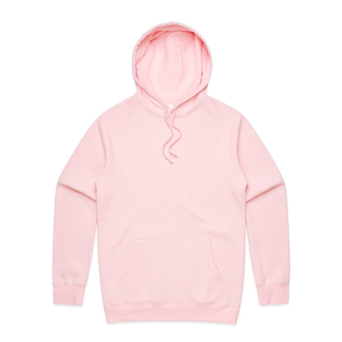 A pink hoodie featuring a front pocket and a drawstring hood, with raglan sleeves and a logo.
