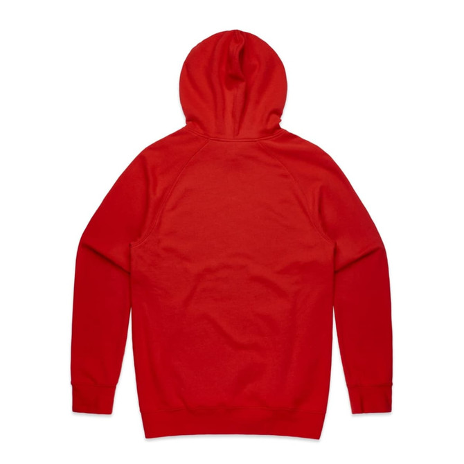 A red hoodie with a hood, featuring a solid back design. It includes a logo on the garment.