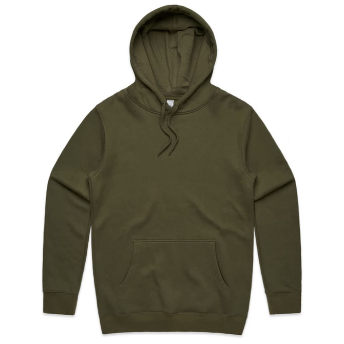An olive green hoodie with a front pocket and a drawstring hood. It has a logo on the label.