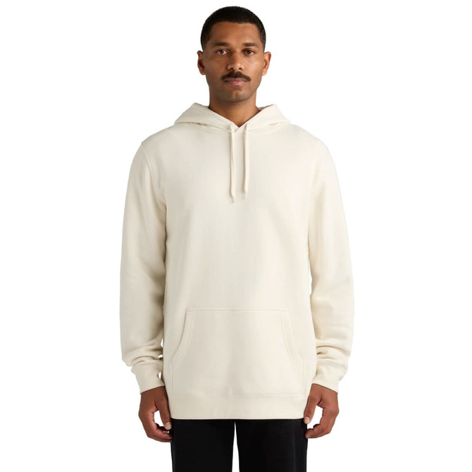 A cream-coloured hoodie with a front pocket and a hood, featuring a logo on the front.