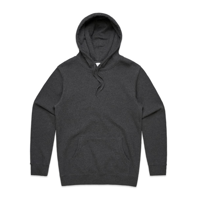 A dark grey hoodie with a front pocket and a drawstring hood, featuring a logo on the chest area.