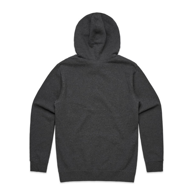 A dark grey hoodie featuring a hood and long sleeves, with a plain back and no visible logos.