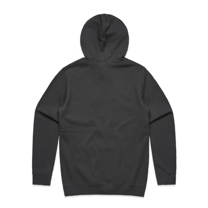 A black hoodie with a hood and long sleeves, featuring a plain design and a logo on the back.