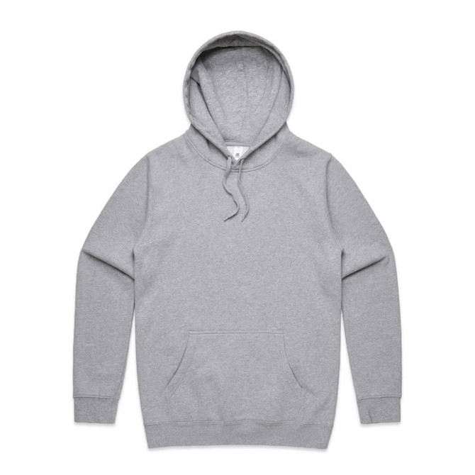 A grey hoodie featuring a front pocket and a drawstring hood, with a branding logo.
