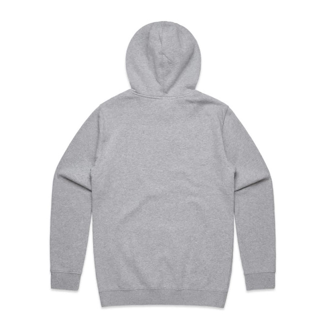 A grey hoodie with a hood, featuring long sleeves and a plain back. It has a logo on it.
