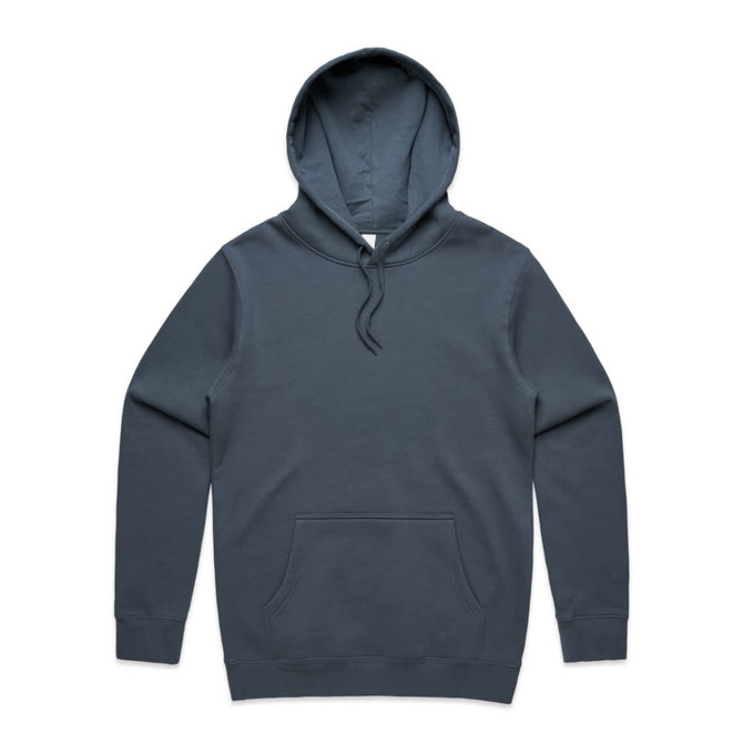 A grey hoodie featuring a front pocket and a hood, with a brand logo on it.