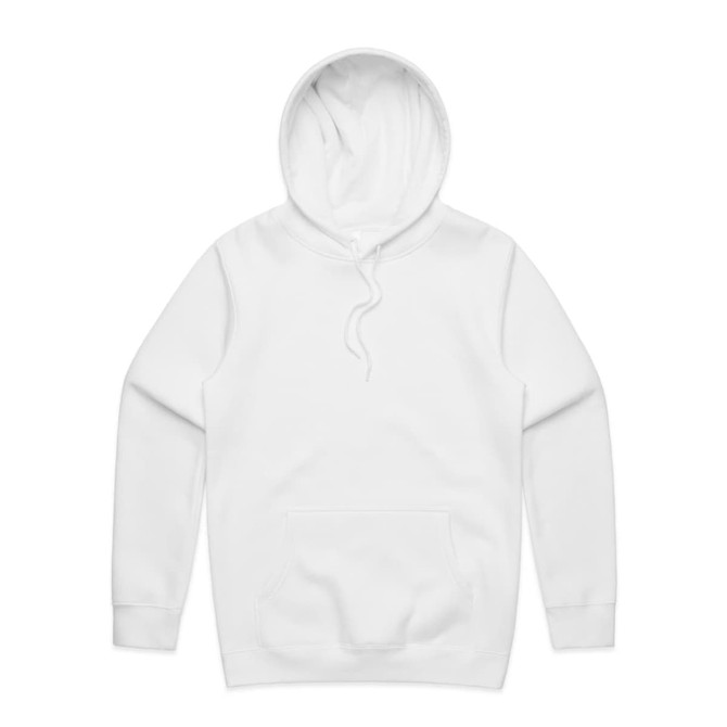 A white hoodie with a front pocket and a large hood, featuring a brand logo.