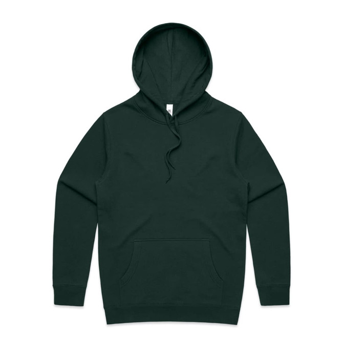 A dark green hoodie with a front pocket and a drawstring hood. It features a small logo on the label.