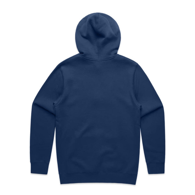A navy blue hoodie featuring a back view and a hood. It has a simple, unembellished design and includes a branding logo.