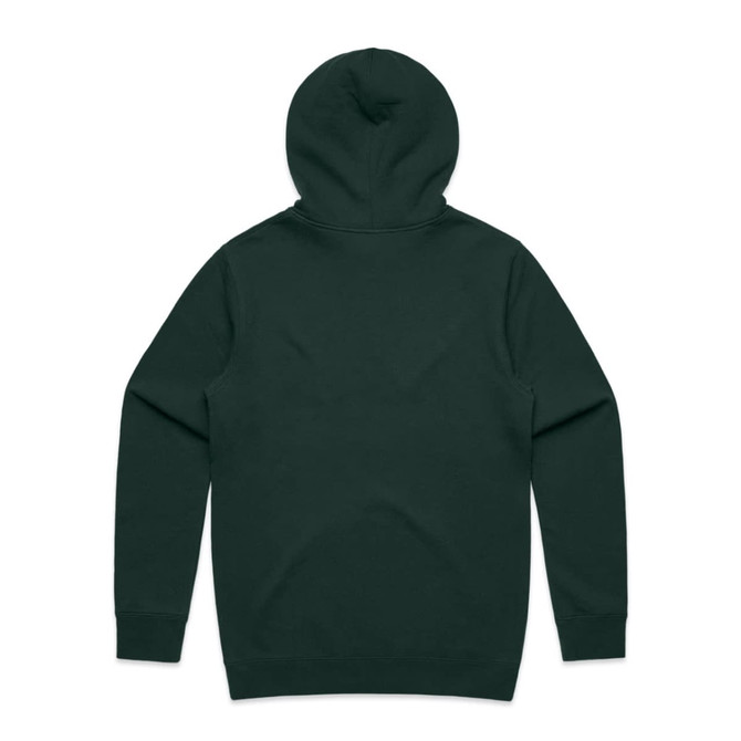 A dark green hoodie with a hood, featuring a plain back. It has a logo on it.