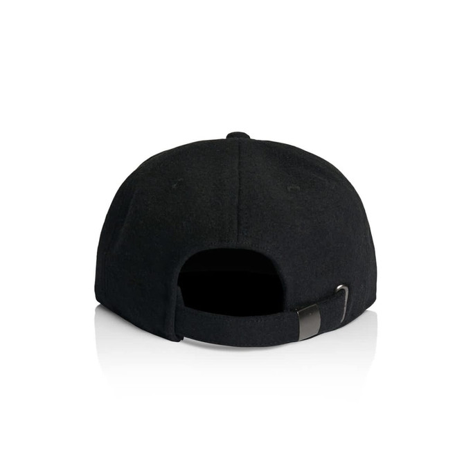 A black wool cap with a curved brim and adjustable strap at the back, featuring a logo.