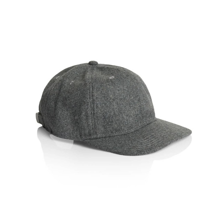 A grey wool cap with a structured brim and an adjustable strap at the back. It features a branding logo.