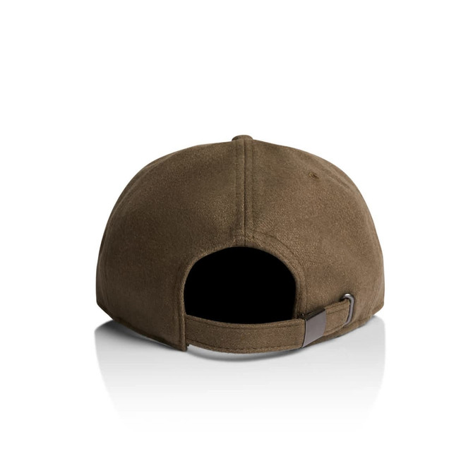 A wool cap in olive green with a rounded back and an adjustable strap. It features a logo on the side.