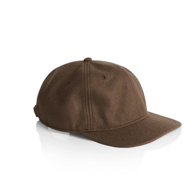 A brown wool cap with a curved brim and a logo on the side.