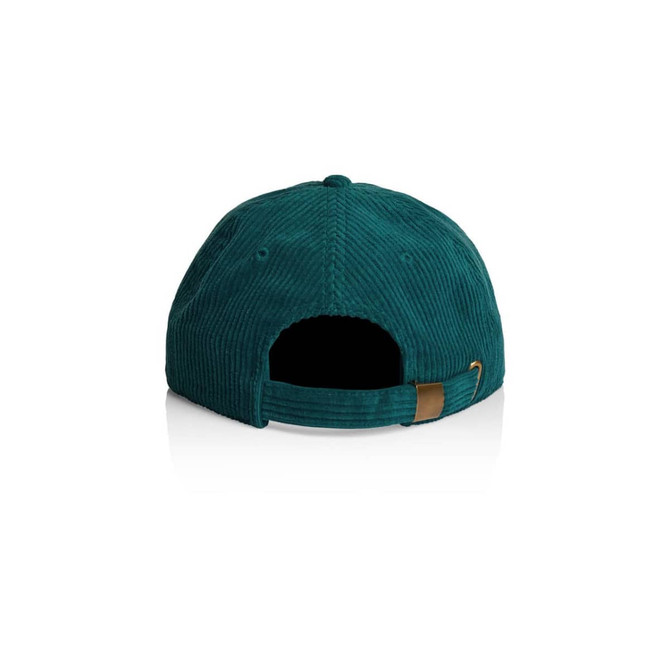 A green cord cap featuring a strap closure at the back and a logo on the side.
