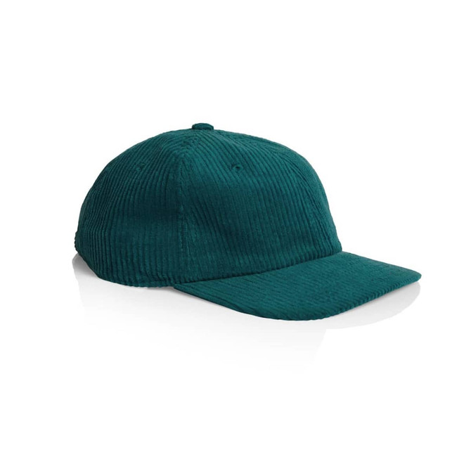 A teal cord cap with a curved brim and structured design, featuring a logo on the front.