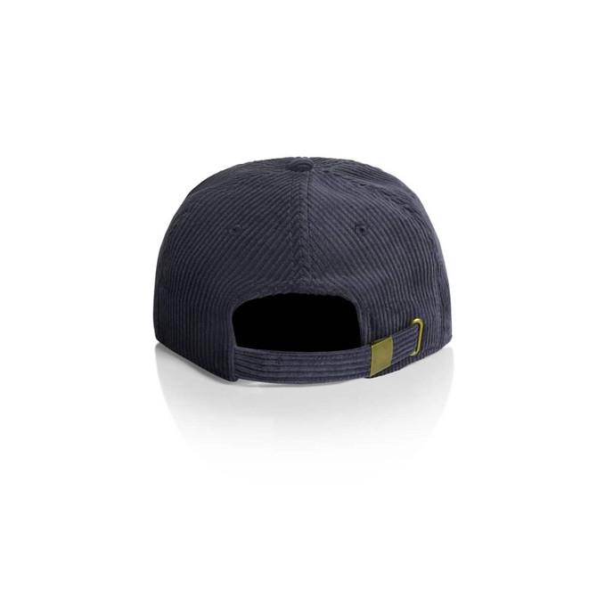 A dark blue cord cap with a curved brim and an adjustable strap at the back. It features a logo.