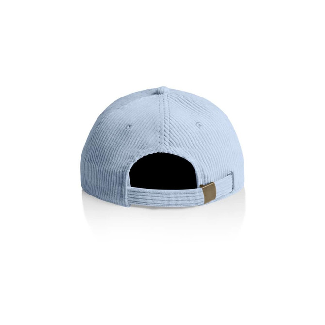 A light blue cord cap with an adjustable strap at the back, featuring a logo.