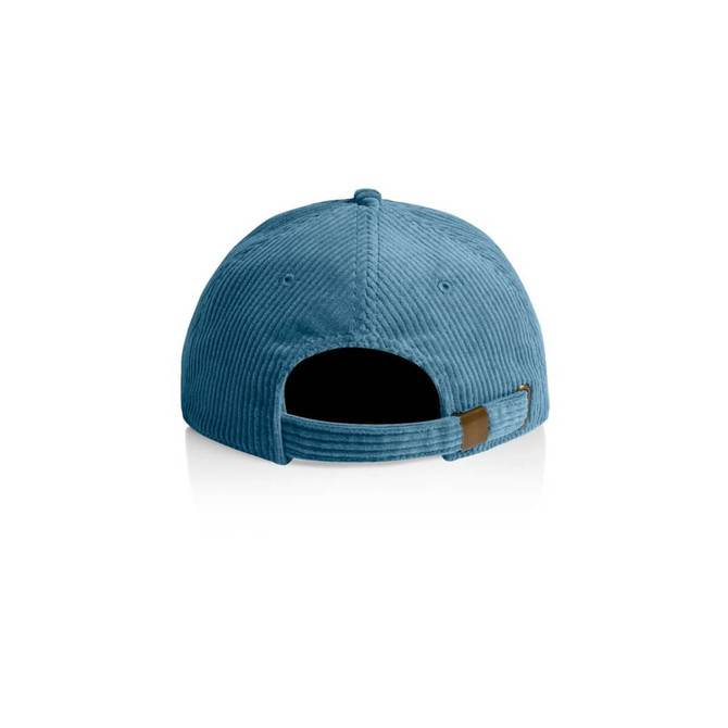 A blue corduroy cap featuring a rear adjustable strap and a logo on the back.