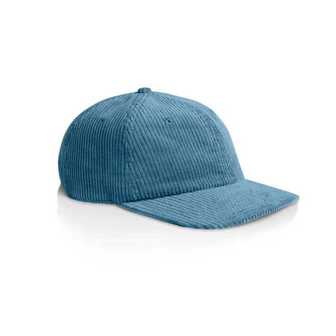 A blue corduroy cap with a curved brim, featuring a branding logo on the front.