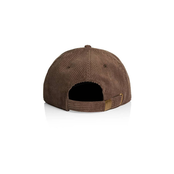 A brown cord cap with a back opening and an adjustable strap, featuring a logo on the side.