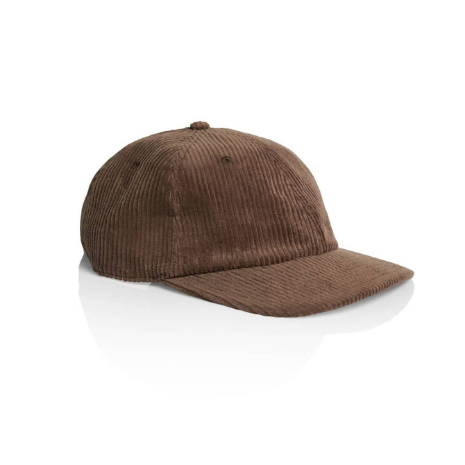 A brown corduroy cap with a curved brim and an adjustable strap at the back. It features a logo.