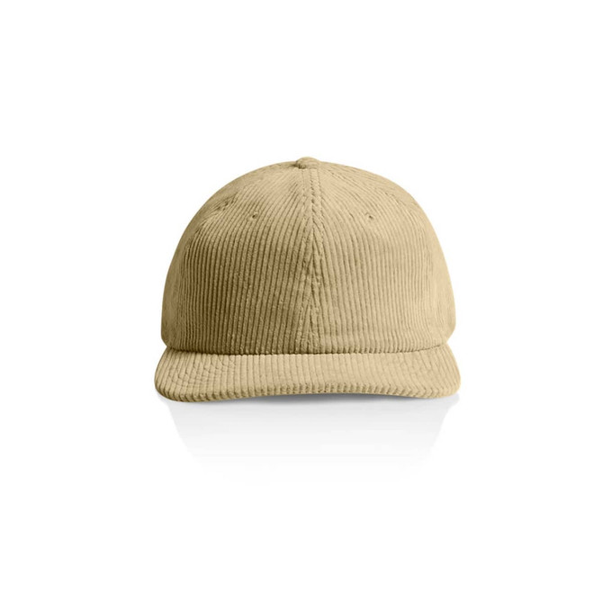 A tan cord cap with a rounded crown and a curved brim, featuring a logo on the front.