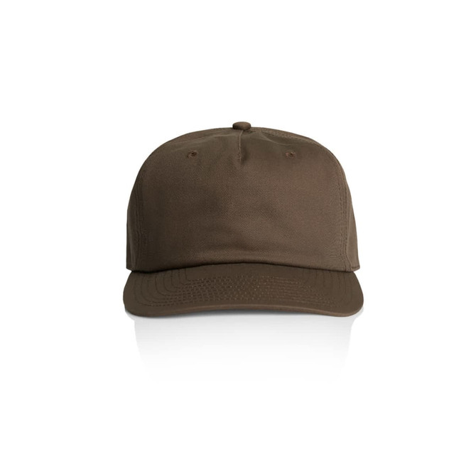 A brown five panel cap with a structured shape and a logo on the front.