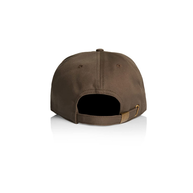 A brown cap featuring a curved brim and an adjustable strap at the back, with a logo present.