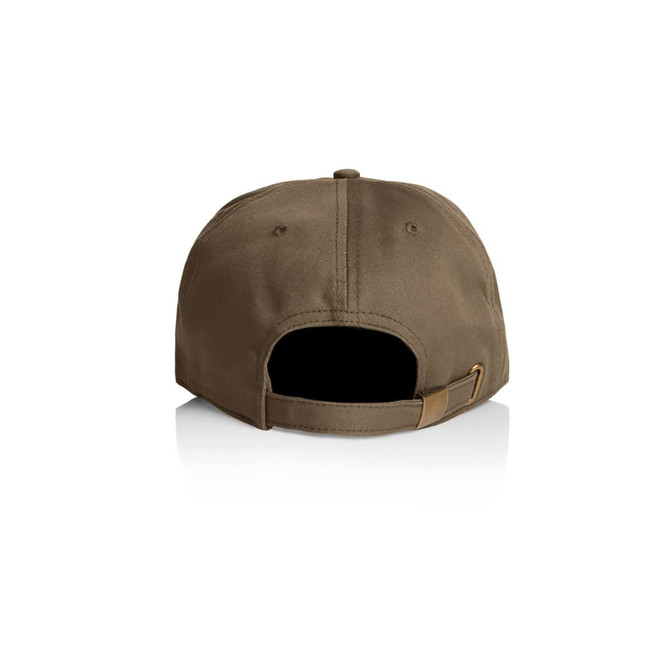 A brown Class Five Panel Cap with an adjustable strap and a logo on the back.