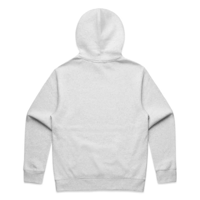A grey hoodie with a drawstring hood and long sleeves, featuring a plain back design and a logo.