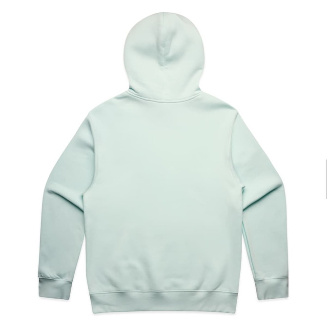 A light mint green hoodie with a kangaroo pocket and a hood at the back, featuring a logo.