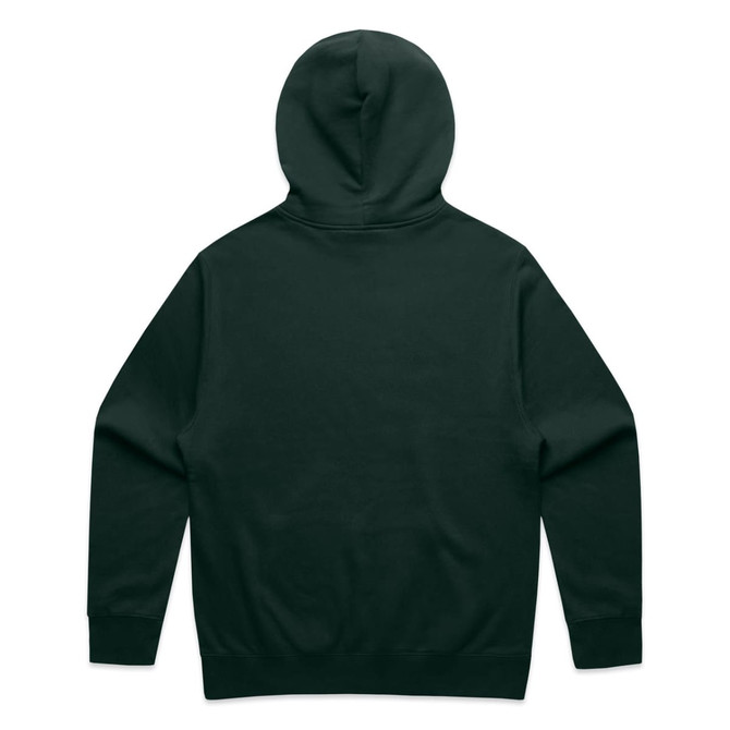 A dark green hoodie featuring a hood and long sleeves, with a plain back design. It has a logo on the back.