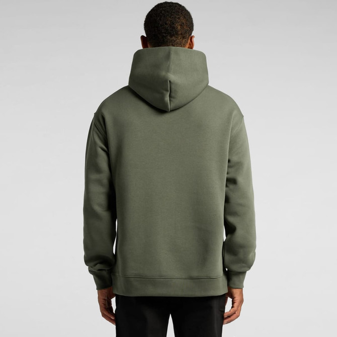 A green hoodie with a large hood, featuring a simple design and a relaxed fit, shown from the back.