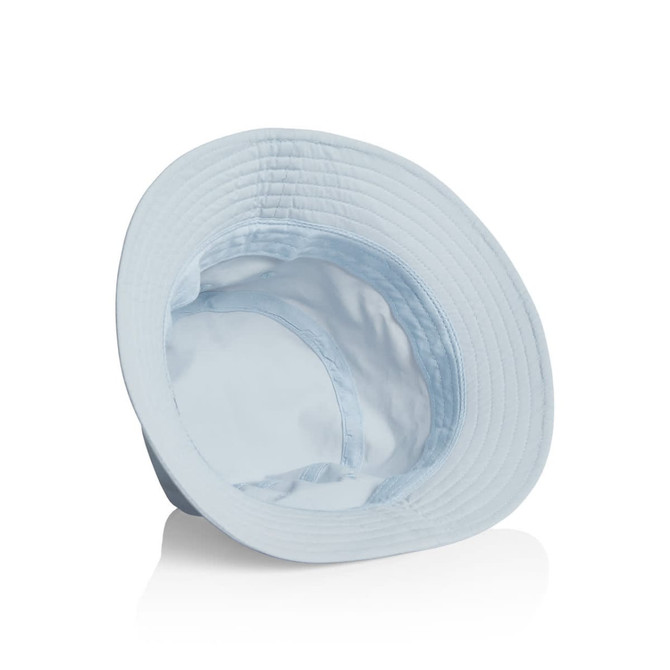 Light blue nylon bucket hat with a wide brim and an interior lining, featuring a logo on the exterior.