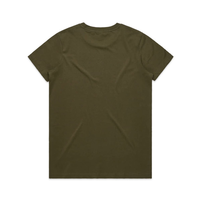 An olive green T-shirt with a plain back and a small logo.